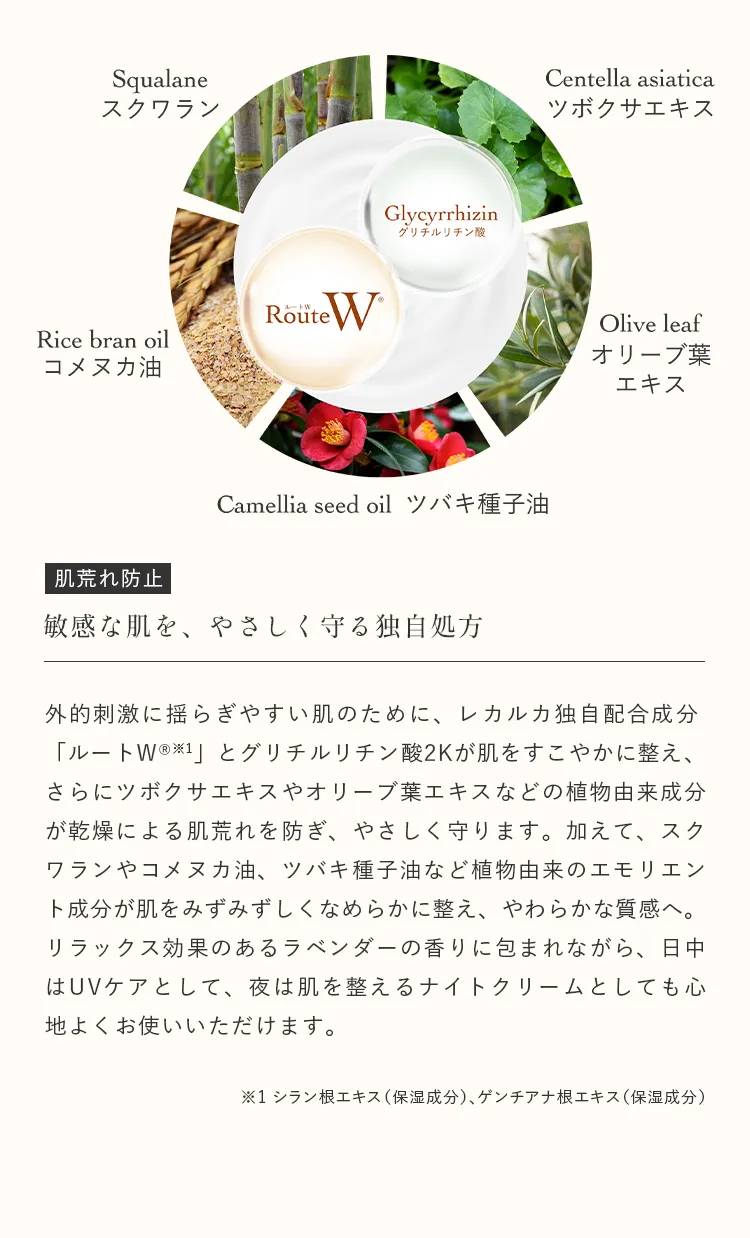 ルートWとグリチルリチン酸2K、植物由来成分による肌荒れ防止ケアで、日中はUVケアとして、夜は肌を整えるナイトクリームとしても心地よくお使いいただけます。