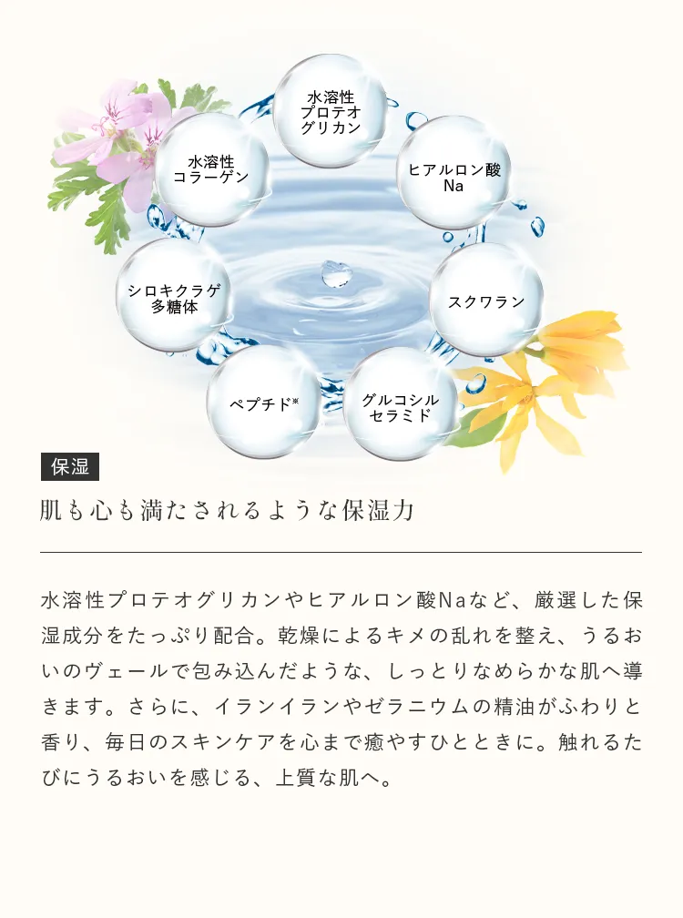 ヒアルロン酸やセラミドなどの保湿成分を配合した高保湿美容液