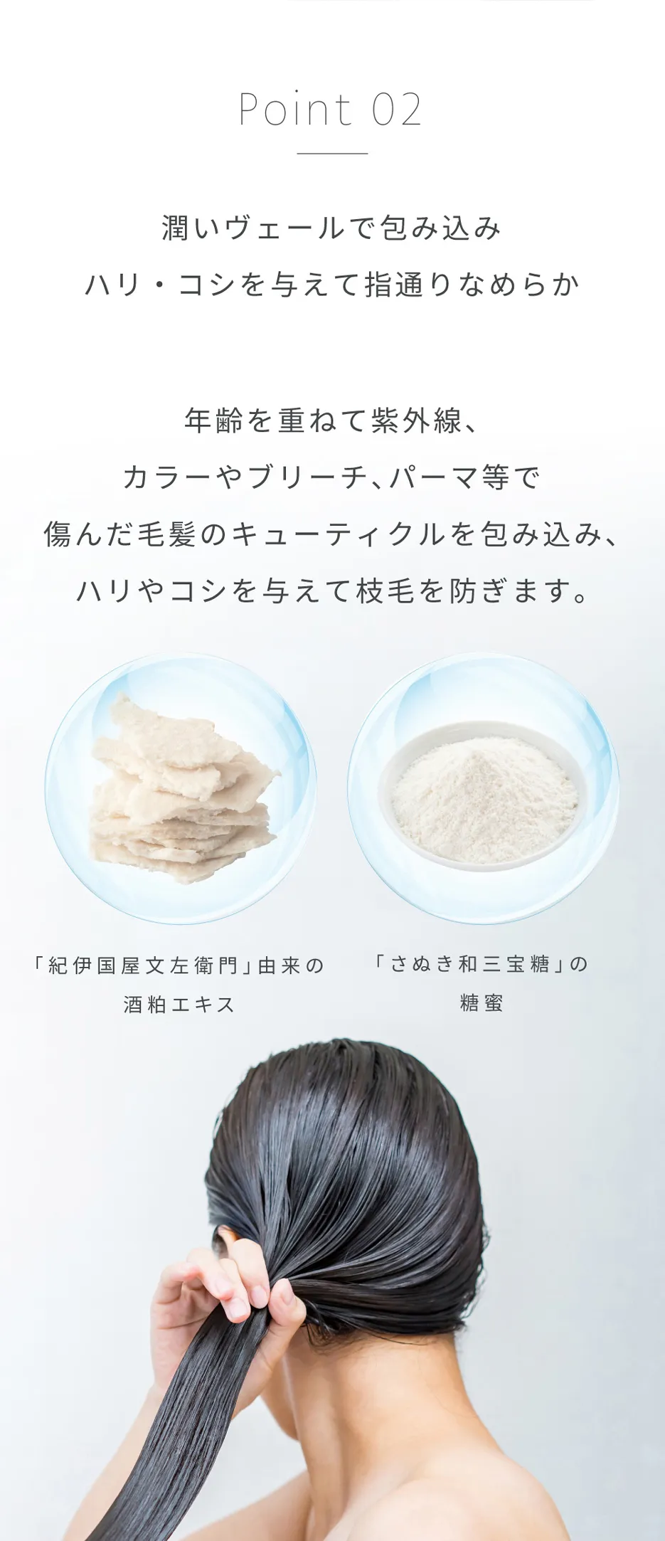 酒粕エキスや糖蜜成分でダメージ髪を補修しハリコシを与えるヘアケアイメージ