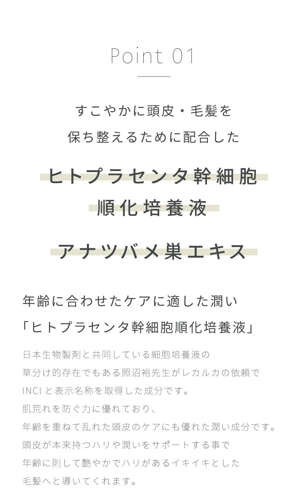 ヒトプラセンタ幹細胞順化培養液とアナツバメ巣エキスで頭皮と毛髪を健やかに整える成分の説明