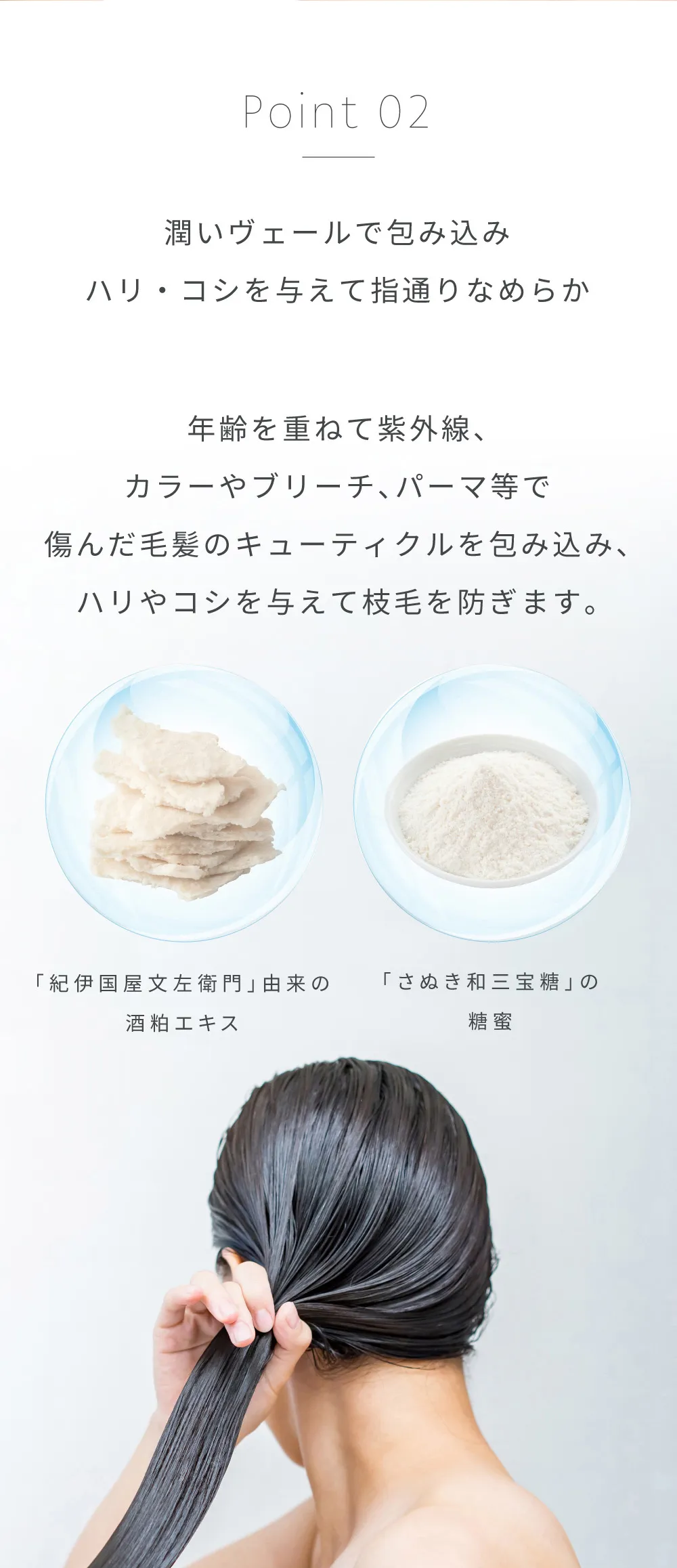 潤いヴェールで髪を包み込みハリとコシを与える補修成分と酒粕エキス・糖蜜の説明