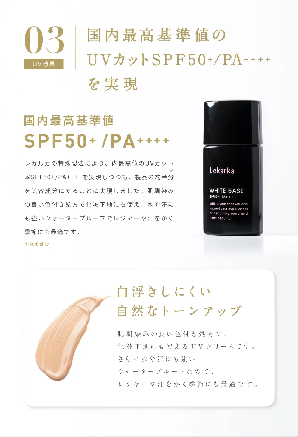 国内最高基準値のUVカットSPF50+ PA++++を実現し白浮きしにくい自然なトーンアップを叶えるUV効果の説明